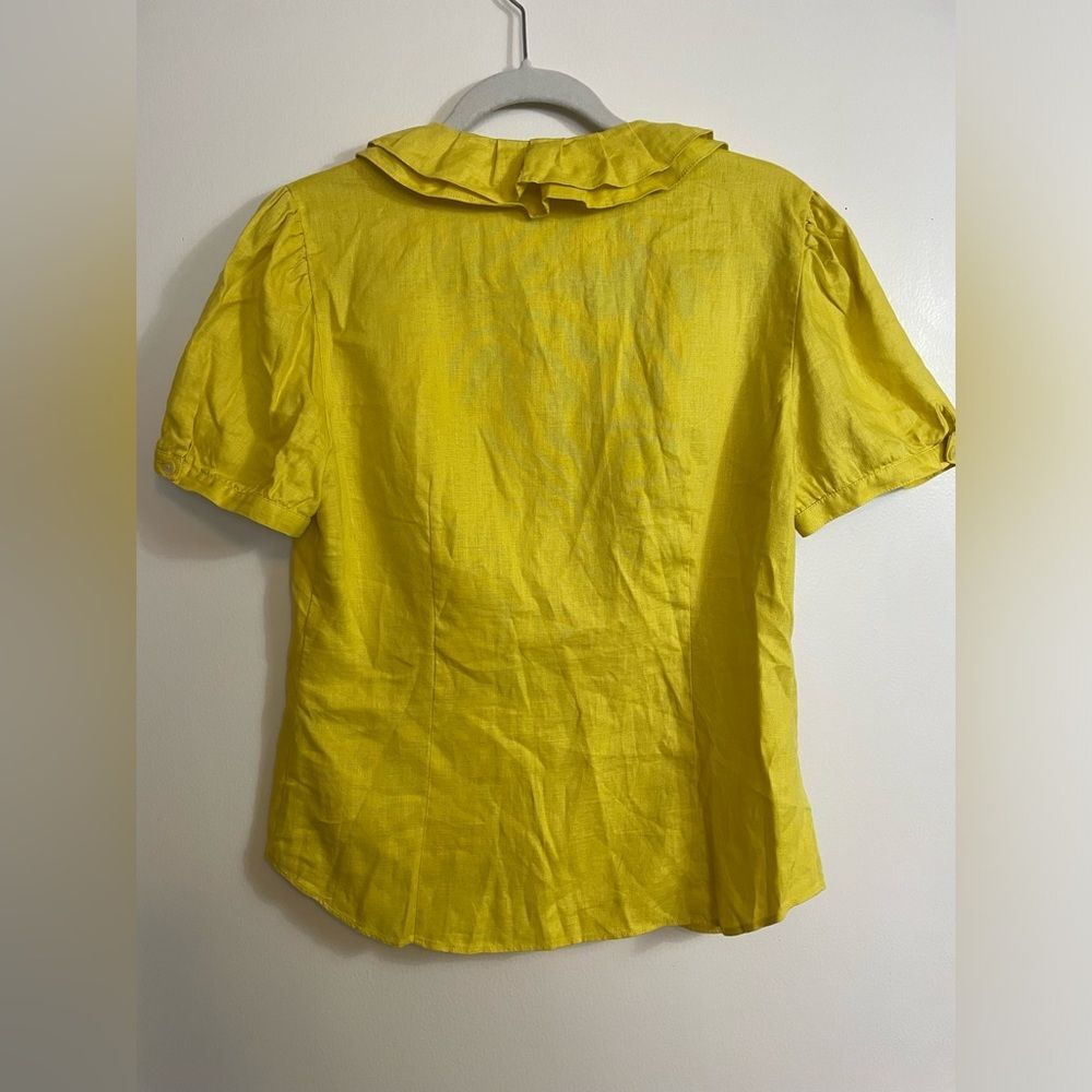 Lafayette 148 New York Luxury Yellow Ruffle Vneck Button Down Linen Blouse Sz10 - Picture 2 of 8